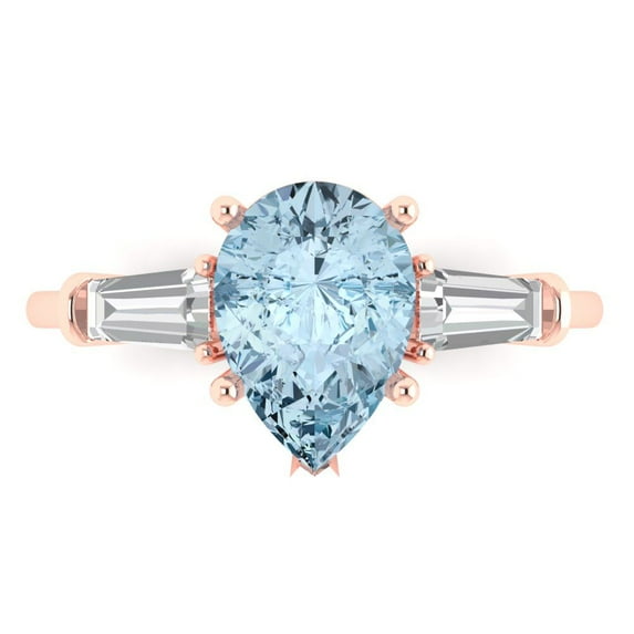 Clara Pucci 14K Rose Gold Solid Gold SwissBlueTopaz Three-Stone Anniversary Ring for Women - 2.5 cttw Pear Cut