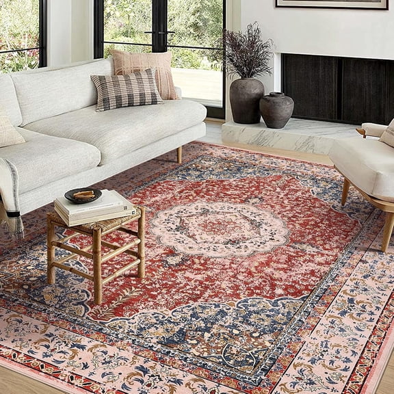 2*3ft/2*6ft/5*7ft/8*10ft/9*12ft/10*13ft Area Rug for Living Room, Washable Boho Vintage Floral Area Rugs, Soft Faux Lamb Velvet Rug & TPR Non-Slip Backing Carpet for Bedroom,Bathroom, Dining Room