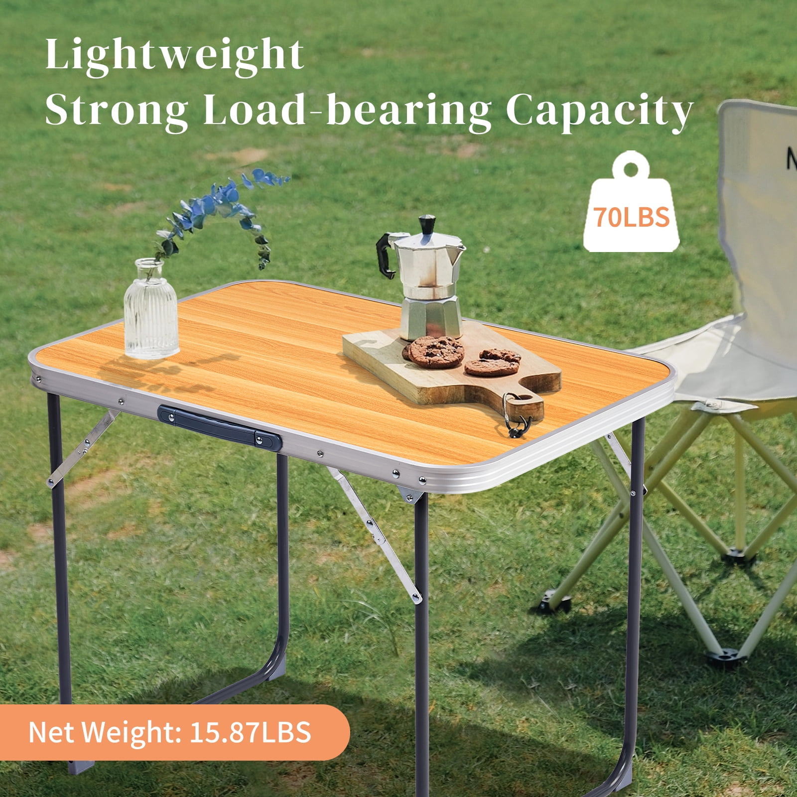 2.3ft Aluminum Camping Folding Table wood grain color