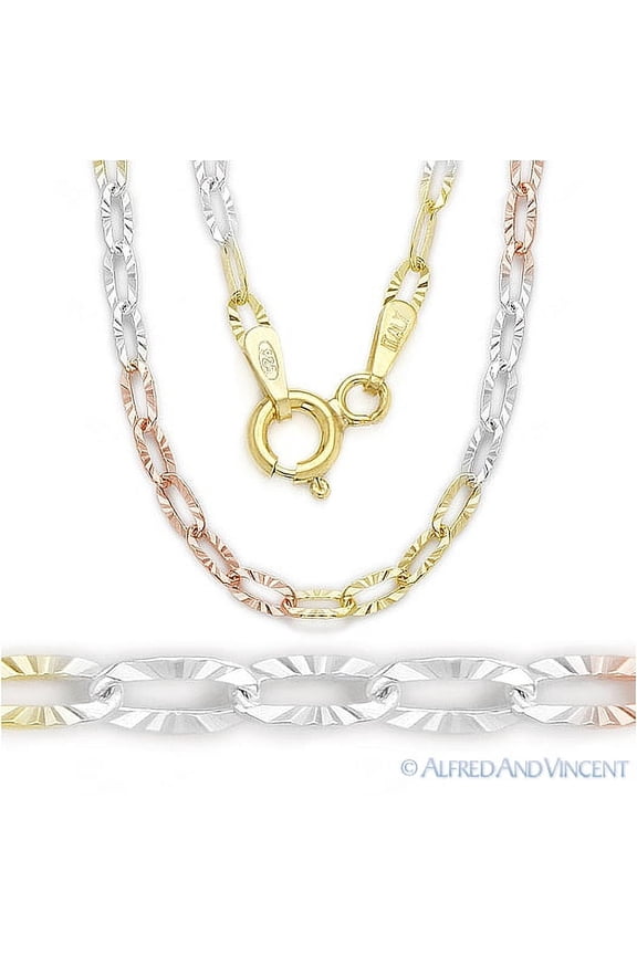 2.3mm D-Cut Pave Paper Clip Cable Link Chain Necklace in Tri-Tone .925 Sterling Silver