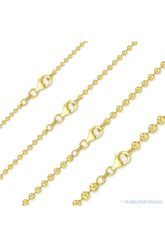 2.3mm Moon-Cut Ball Bead Link Chain Necklace in .925 Sterling Silver w/ 14k Yellow Gold