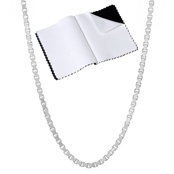 2.3mm Solid .925 Sterling Silver Square Box Chain Necklace, 20 inches + Gift Box