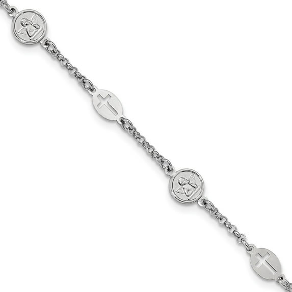 2.3mm Sterling Silver Rhodium Plated Cross and Angel Bracelet - 3.9 Grams - 7.5 Inch