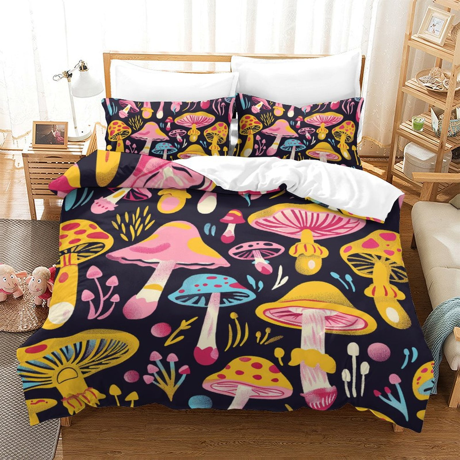 Pink Mushroom Three Hedgehogs Pattern Print Duvet Cover Bedding Set