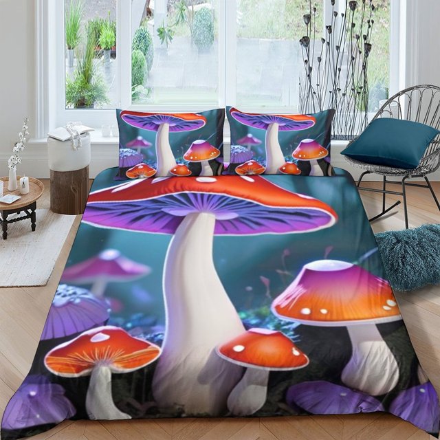 2/3pcs Bedding Set Purple and Red Magical Mushroom Printed Duvet Cover