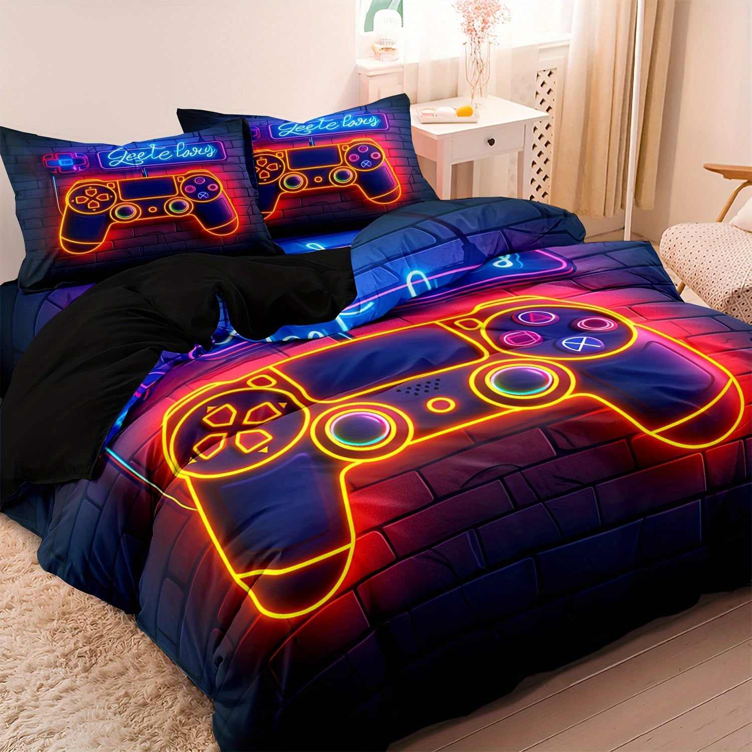 2/3pcs Cool Neon Gamepad Print Duvet Cover Set (1 Duvet Cover And 1/2