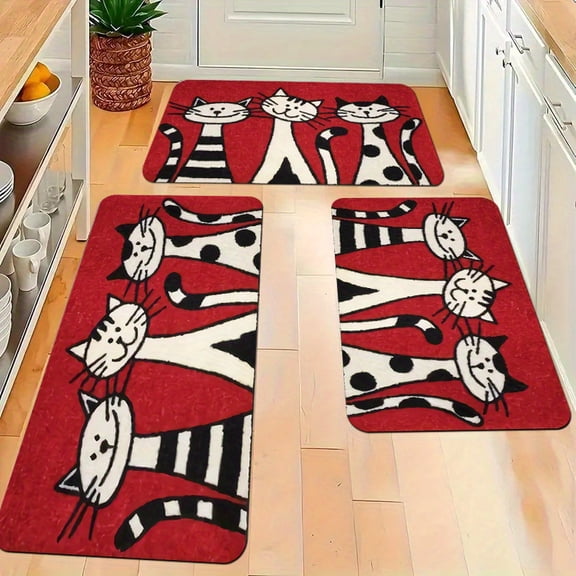 2/3pcs Cute Cat Design Kitchen Mats, Non-slip, Durable, Easy to Maintain, Perfect for Kitchen, Living Room, Entrance, Balcony and Home Decoration