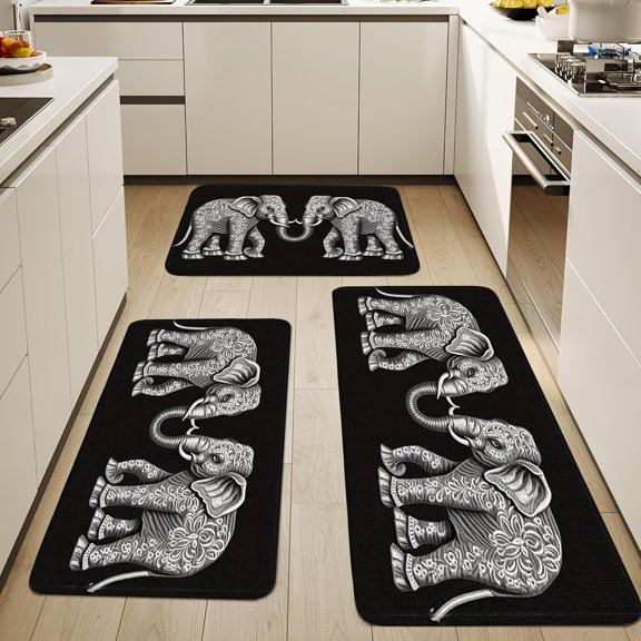 2/3pcs Elephant Print Kitchen Floor Mats, Flannel Material, Home Restaurant Decoration Long Strip Floor Mats, Bar Counter Non-slip Mats Kitchen Door Floor Mats Soft Corridor Carpets, Room Decoration