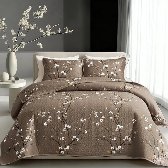 2/3pcs Multicolour Tree Branch Plum Blossom Quilted Quilt, Soft Breathable Comfortable Portability Hypoallergenic Machine Washable Bed Cover Bedding Room Decor, Twin/ Queen/ King Size