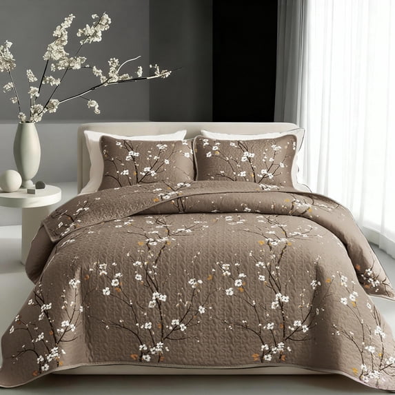 2/3pcs Multicolour Tree Branch Plum Blossom Quilted Quilt, Soft Breathable Comfortable Portability Hypoallergenic Machine Washable Bed Cover Bedding Room Decor, Twin/ Queen/ King Size