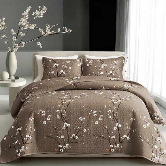 2/3pcs Multicolour Tree Branch Plum Blossom Quilted Quilt, Soft Breathable Comfortable Portability Hypoallergenic Machine Washable Bed Cover Bedding Room Decor, Twin/ Queen/ King Size