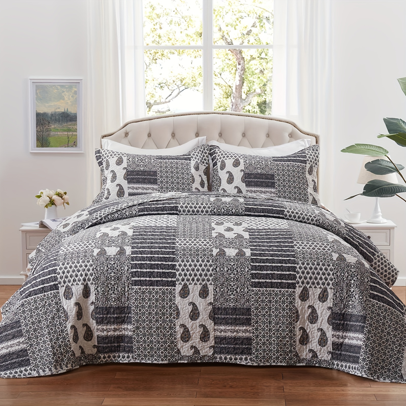 Odette Floral Printed Quilt Coverlet Set - Beige Or Gray, All Sizes, Microfiber, Machine Washable 3 thumbnail image