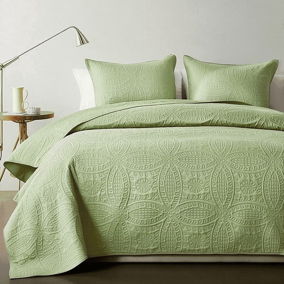 2/3pcs Premium Embossed Quilt Set, Soft Washable Bed Cover, Classic Geometric Design All-Season Bedding Collection, 1 Quilt & 1 Or 2 Pillowcases(Matcha,Full/Queen)