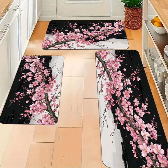2/3pcs Spring and Summer Kitchen Set Mat, Beautiful Cherry Blossom Tree Pattern Mat, Soft Comfortable for Bedroom Living Room Dining Room Bathroom Entrance Mat