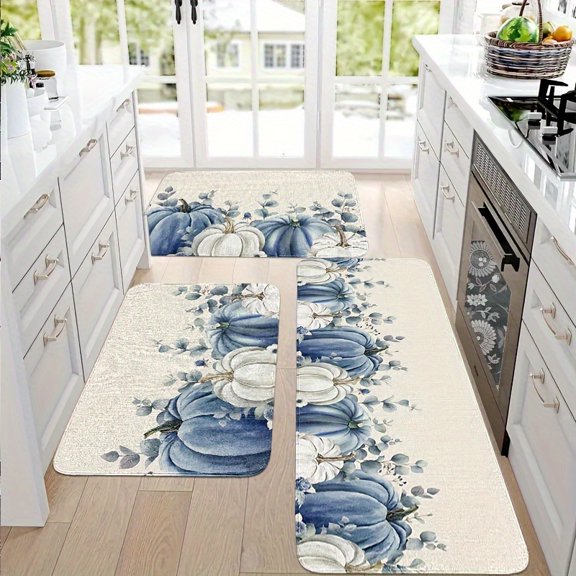 2/3pcs Thanksgiving Kitchen Mat Set, Autumn Blue and White Pumpkin Design, Non-Slip, Machine Washable, Polyester Knit Runner Rug for Sink, Bedroom, Living Room, Dining, Bathroom, Entryway