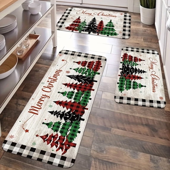 2/3pcs Vintage Christmas Kitchen Mat Set, Tree Forest Plaid Design Flannel Non-Slip Mats, Suitable for Bedroom, Living Room, and Entryway, Cozy Holiday Decor