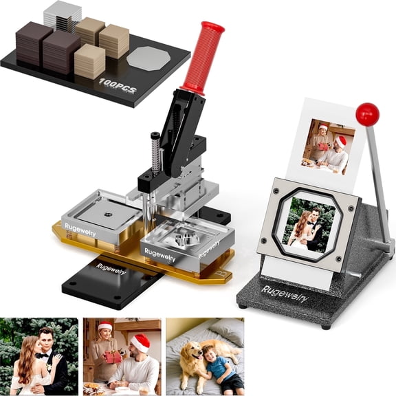 3.2x3.2inch Magnet Maker Machine Kit, DIY Photo Fridge Magnet Making, 2-in-1 Press Machine+1 Cutter+Free Photo Template+100 Sets Supplies Cardboad