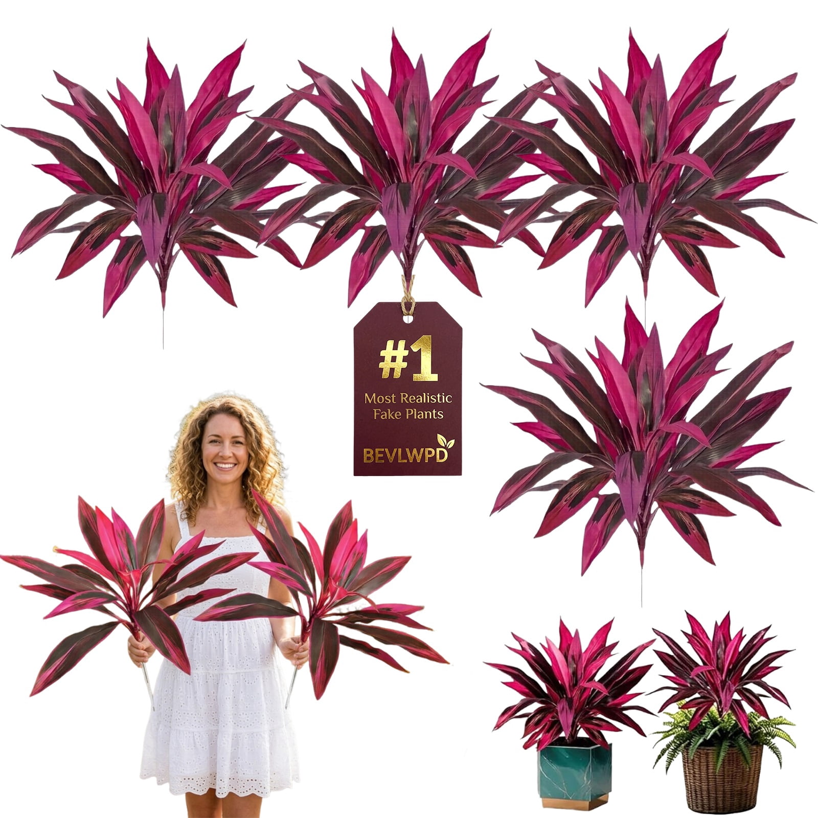 2/4/10 PACK Vibrant Outdoor Ferns Dragons Blood Tree Artificial Fake Flowers Plant for Outdoors Decor Front Porch Patio Tropical Faux Plants That Look Real Decorations for Vase Large Outside