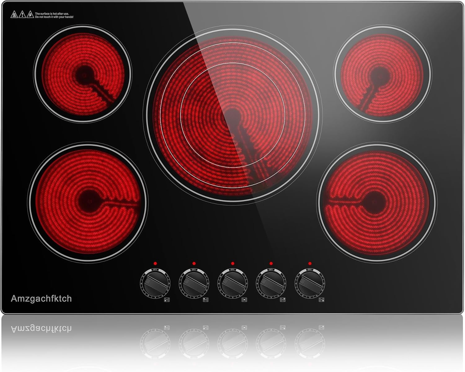 2 4 5 Burner Electric Cooktop 220V~240V, 12 24 30 Inch Built-in 3000W Ceramic Stove Top with Child Safety Lock, Timer & Residual Heat Indicator, Hard Wire(No Plug) for Modern Kitchens