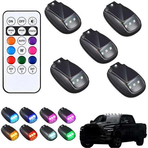 2/4/5PCS Solar Cab Lights, 2026 New Solar Car Roof RGB Strobe Light, No Drill Solar Powered Cab lights, with Remote Control, Vibration,For Truck Suv Rvs (5PCS)