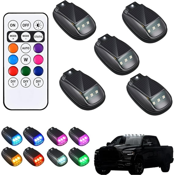 2/4/5PCS Solar Cab Lights, 2026 New Solar Car Roof RGB Strobe Light, No Drill Solar Powered Cab lights, with Remote Control, Vibration,For Truck Suv Rvs (5PCS)