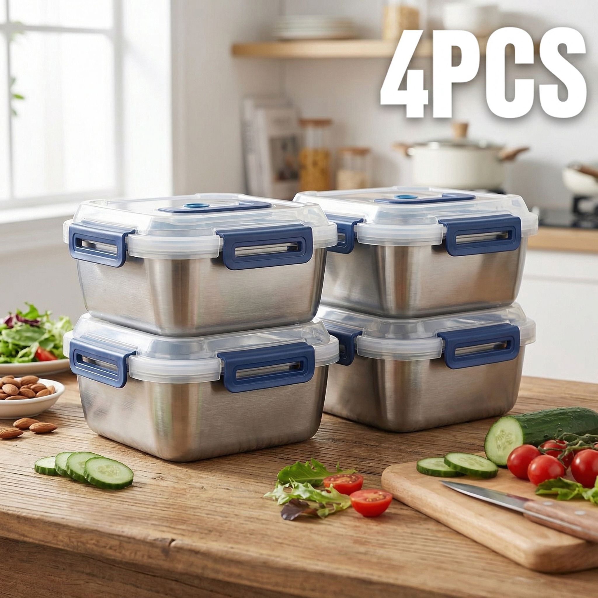 2/4/6/8/10 PCS Extra-Large Stainless Steel Food Storage Containers With Blue Lids - Deep Design, Airtight Seal, Perfect For Refrigerator Organization, Meal Prep, Lunch Boxes & Kitchen Pantry