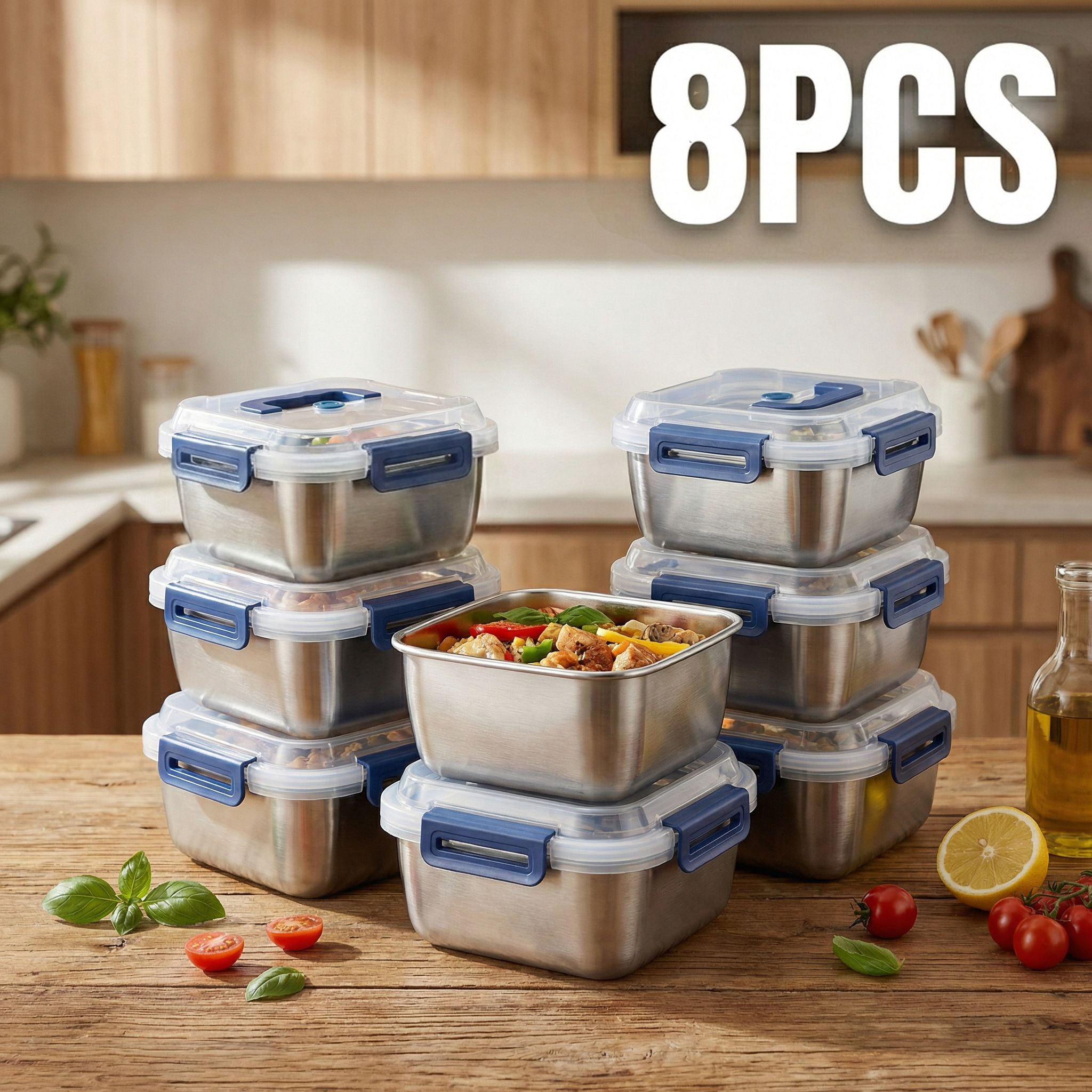 2/4/6/8/10 PCS Extra-Large Stainless Steel Food Storage Containers With Blue Lids - Deep Design, Airtight Seal, Perfect For Refrigerator Organization, Meal Prep, Lunch Boxes & Kitchen Pantry