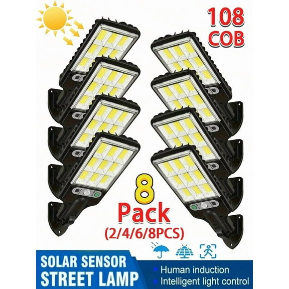 2/4/6/8PCS Solar Outdoor Wall Light (White) - 108COB, Motion Sensor, 3 Modes, Remote Control, IP66 Waterproof for Garden/Courtyard/Garage