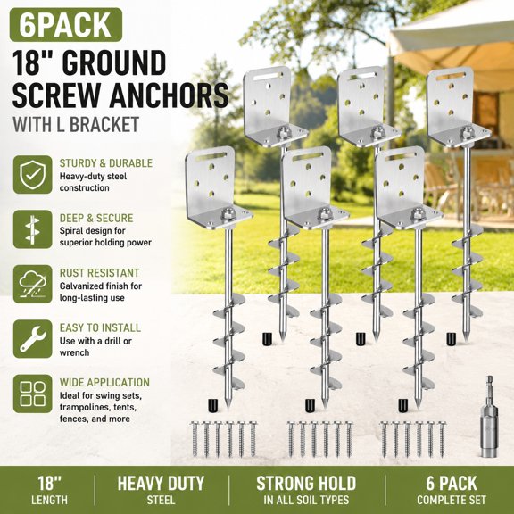 2/4/6 Pack 18" 24" Ground Screw Anchors with L Bracket Spiral Trampoline Swing Set Tent Canopy Carport Anchors
