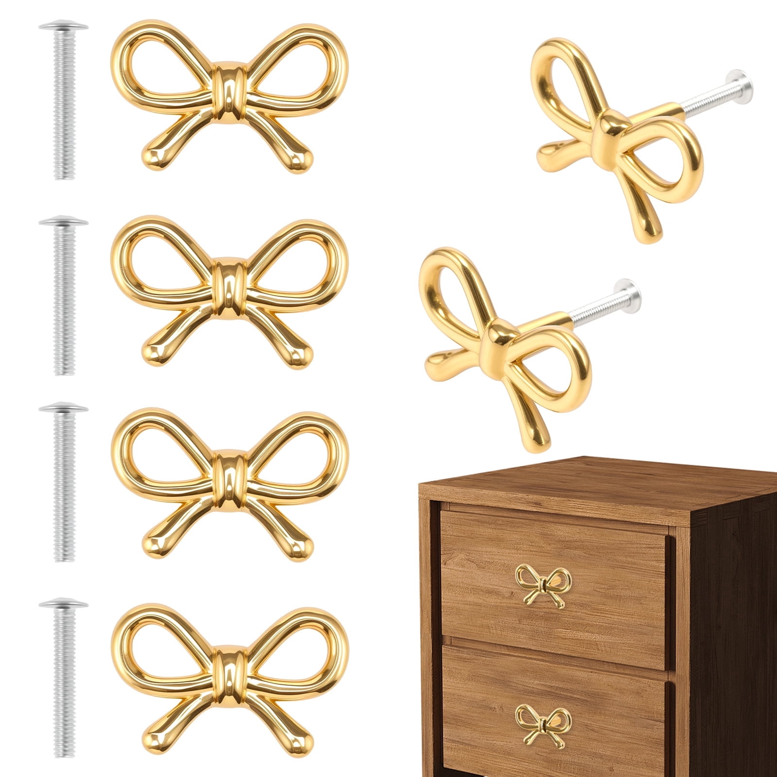 RZVNMKO Gold Dresser Knobs, Solid Brass Bow Shape Drawer Knobs Vintage Style, Single Hole Decorative Cabinet Knobs Hardware with Screws for Nursery Vanity Cupboard Wardrobe, 6 Pack