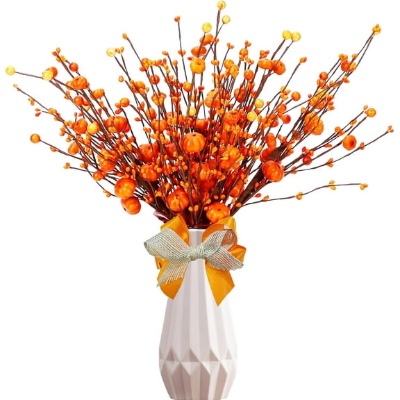 2/4/6 Pcs Fall Decor Artificial Flowers Flowers Picks Thanksgivings Branches Autumn Orange Pumpkin Stems Floral Arrangements with Bow for Farmhouse Fall Harvest Festival Indoor Décor(No Vase)