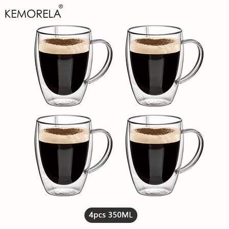 2/4/6PCS 350ML Double Wall Glass Coffee Mug With Handle Transparent Glass Cappuccino Cup Coffee Milk Tea Juice Tea Cup
