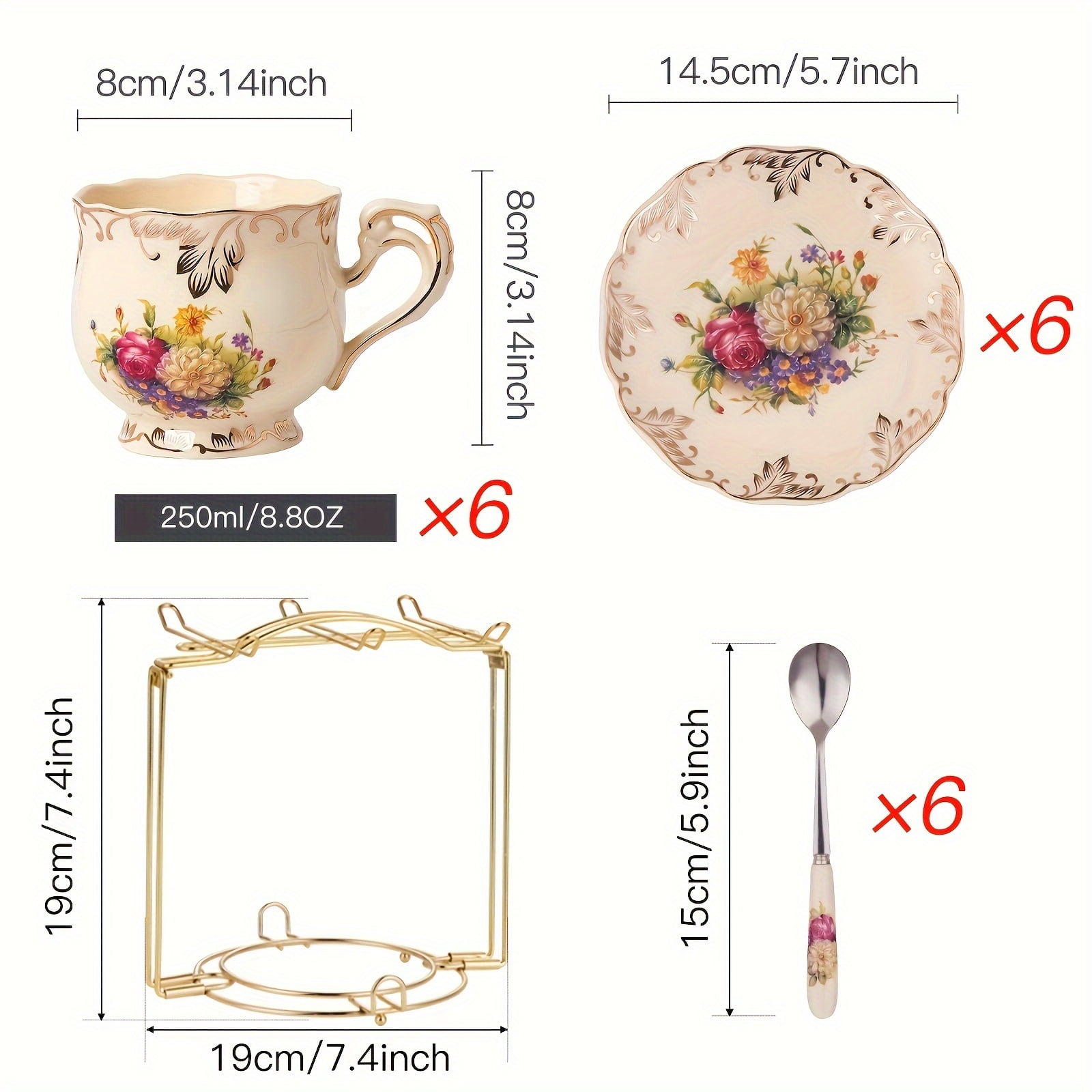 2/4/6Pcs Rose & Floral Print Coffee Mugs with Metal Rack, European ...