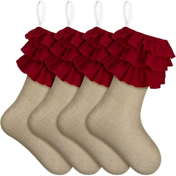 2/4/8 Pack 18 Inch Ruffled Jute Christmas Stocking Burlap Christmas Stockings Xmas Fireplace Hanging Stockings for Christmas Holiday Decor DIY Craft (Wood Ruffles)