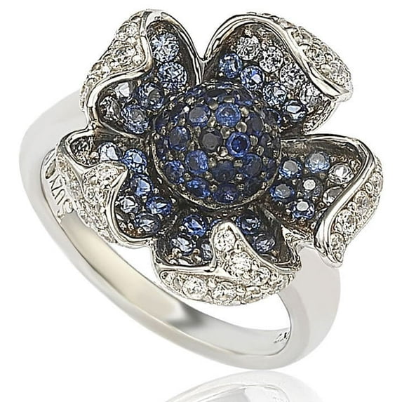 2.4 CT Sapphire and Diamond in Sterling Silver and 18K Pave Flower Gold Ring