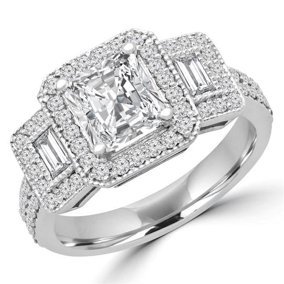 2.4 CTW Radiant Diamond Vintage Halo Three-Stone Engagement Ring in 14K White Gold - Size 3