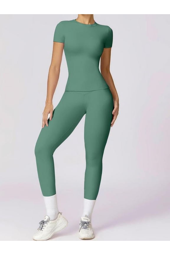 2/4 Counts Women's Solid Round Neck Tee & High Waist Leggings Tracksuit Set, Sporty Comfy T-shirt & Skinny Pants for Yoga Gym Workout, Ladies Summer Back To School Sportswear