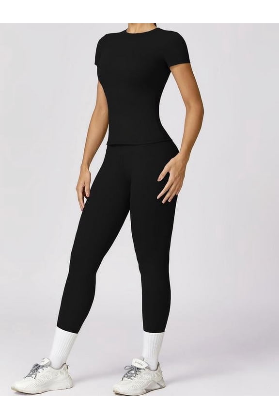 2/4 Counts Women's Solid Round Neck Tee & High Waist Leggings Tracksuit Set, Sporty Comfy T-shirt & Skinny Pants for Yoga Gym Workout, Ladies Summer Back To School Sportswear
