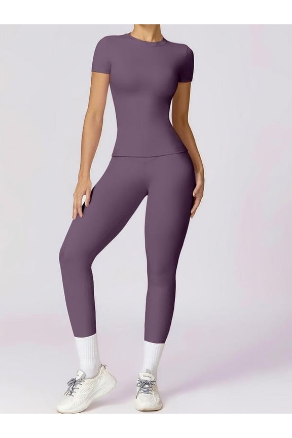 2/4 Counts Women's Solid Round Neck Tee & High Waist Leggings Tracksuit Set, Sporty Comfy T-shirt & Skinny Pants for Yoga Gym Workout, Ladies Summer Back To School Sportswear