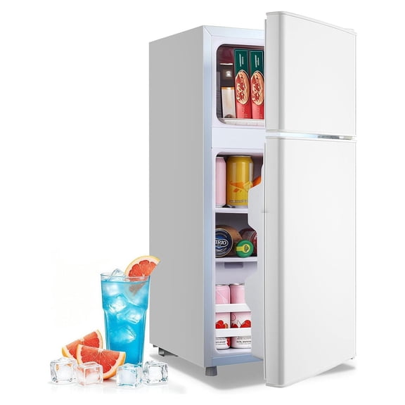 2.4 Cu Ft Compact Refrigerator with Freezer, Mini Fridge for Apartment Dorm Office, White, Double Door Design with Removable Shelves and Adjustable Feet for Small Spaces