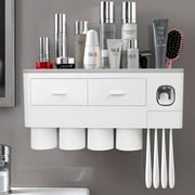 2-4 Cup Toothbrush Holders for Bathrooms - Wall Mounted with Toothpaste Dispenser - CosmeticDrawe, Large Capacity Tray & Bathroom Accessories Bottles Home Goods Organizer Organizing