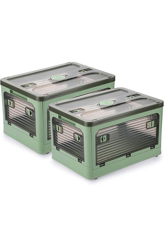 2   4 Doors Collapsible Storage Bins with Lid & Wheels, 36 Liters Folding Storage Bins, Stackable Multifunctional Box for Camping Clothes Snack Storage
