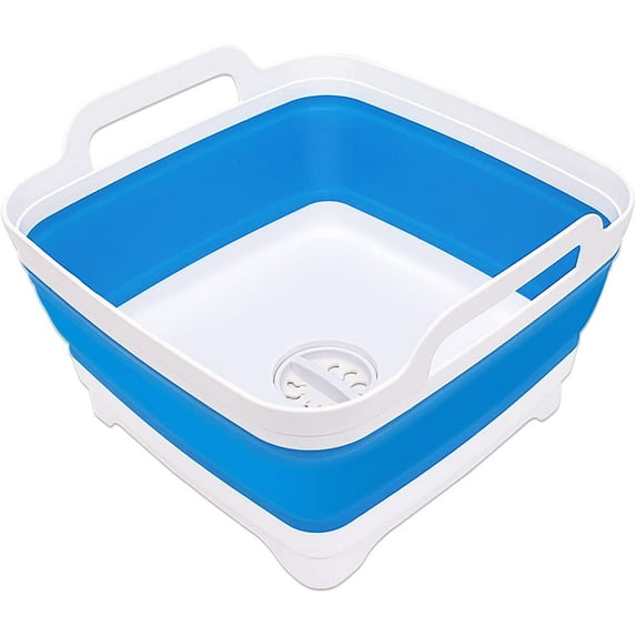 2.4 Gal(9L) Collapsible Dish Basin with Drain Plug, Space Saving Outdoor Multiuse Foldable Sink Tub, Dishpan, Kitchen Storage Tray for Camping, Vegetable Washing, RV (Blue)