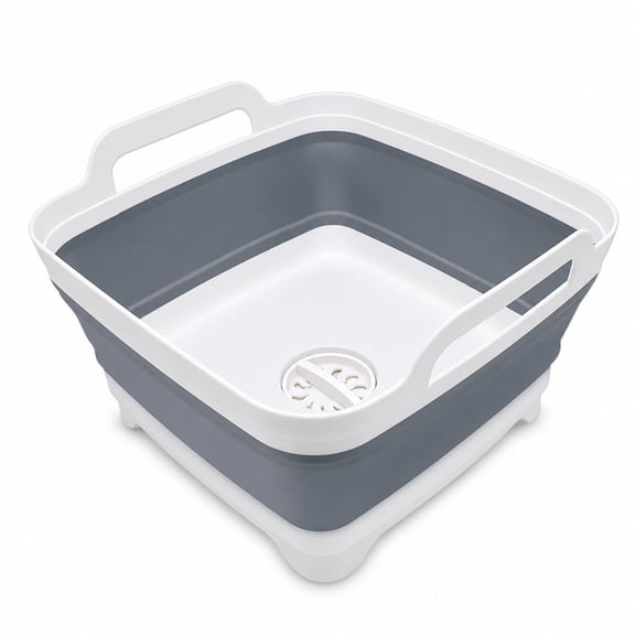 2.4 Gal(9L) Collapsible Dish Basin with Drain Plug, Space Saving Outdoor Multiuse Foldable Sink Tub, Dishpan, Kitchen Storage Tray for Camping, Vegetable Washing, RV (Gray)