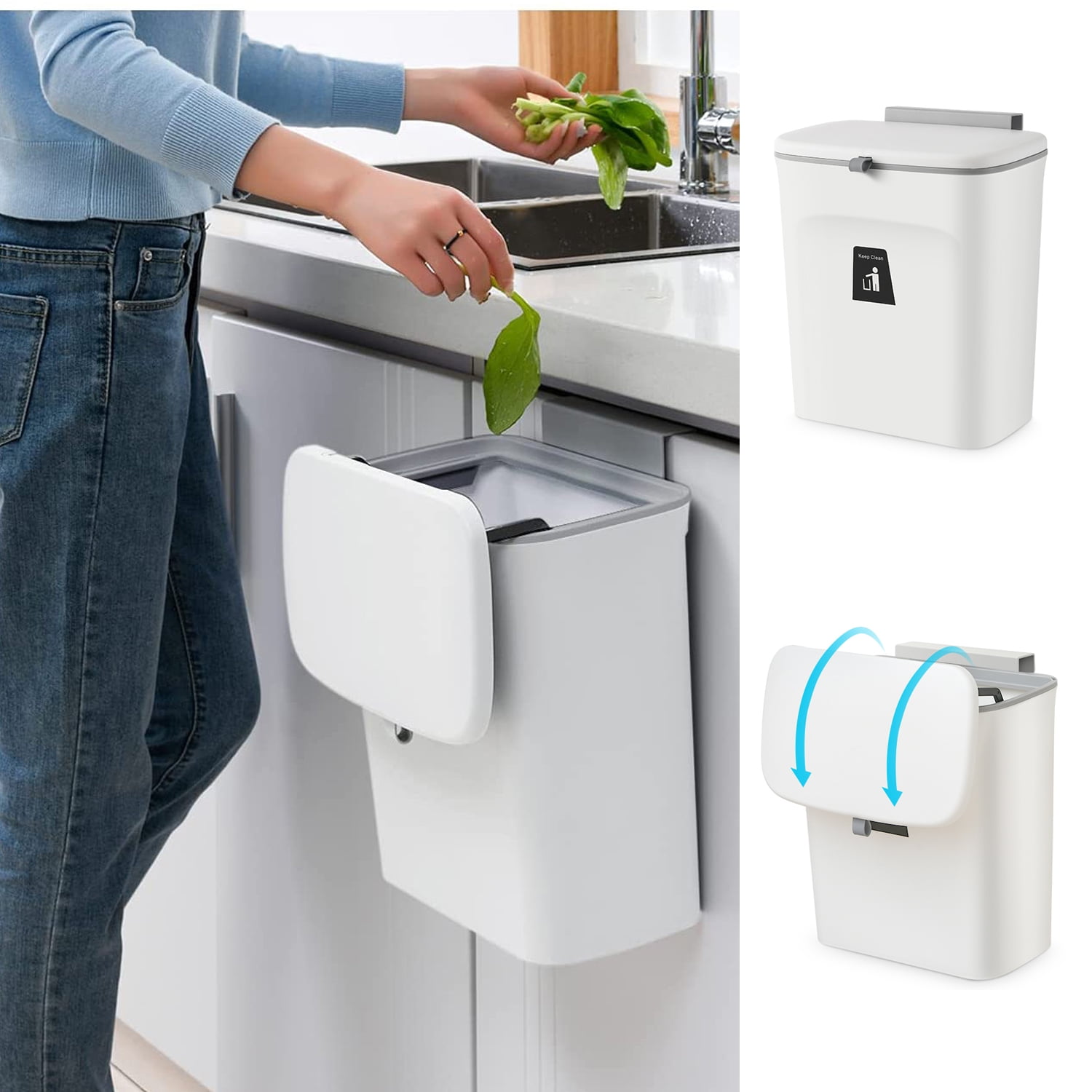 2.4 Gal Hanging Trash Can, Waste Basket for Kitchen, Top Container