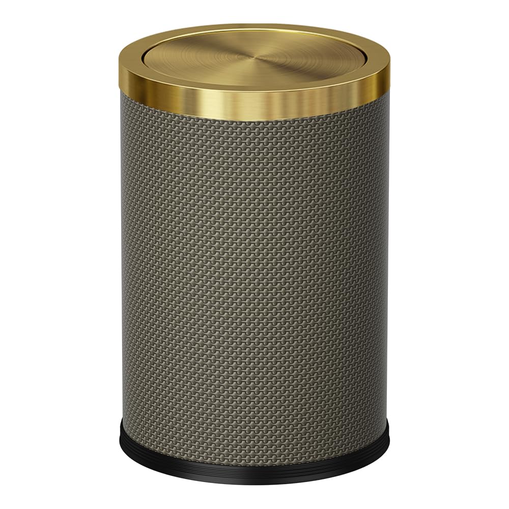2.4 Gallon Bathroom Trash Can with Lid, Pu Leather Modern Garbage Can, Round Decorative Waste Basket, for Near Desk, Powder, Bedroom, Hotel, Office, Home