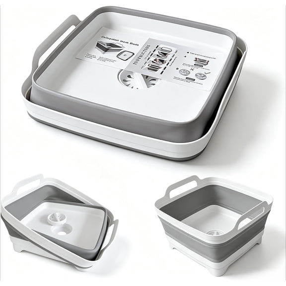 2.4 Gallon Collapsible Wash Basin with Drain Plug – Foldable Kitchen Sink for Baby Bottles, RV Camping & Dish Tub, Gray