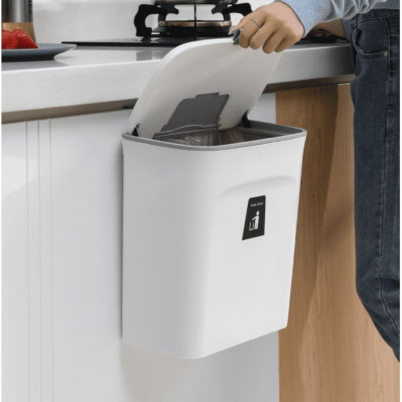 2.4 Gallon Kitchen Compost Bin for Counter Top or Under Sink, Hanging Small Trash Can with Lid for Cupboard/Bathroom/Bedroom/Office/Camping, Mountable Indoor Compost Bucket, Gray-White-