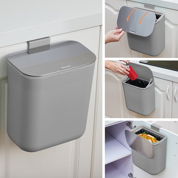 2.4 Gallon Kitchen Compost Bin for Counter Top or Under Sink, Hanging Small Trash Can with Stainless Steel Lid for Cupboard/Bathroom/Bedroom/Office/Camping, Mountable Indoor Compost Bucket