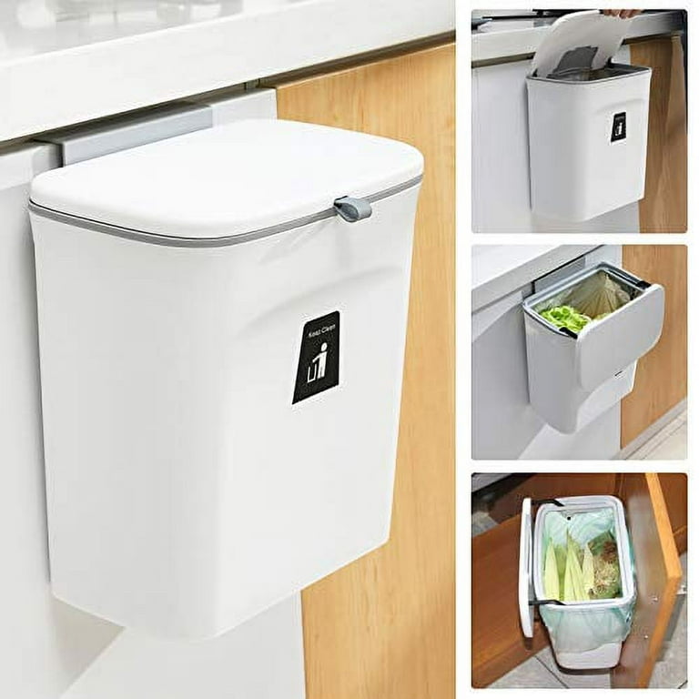 2.4 Gallon Kitchen Compost Bin for Counter Top or Under Sink, Hanging Small  Trash Can with Lid for Cupboard/Bathroom/Bedroom/Office/Camping, Mountable